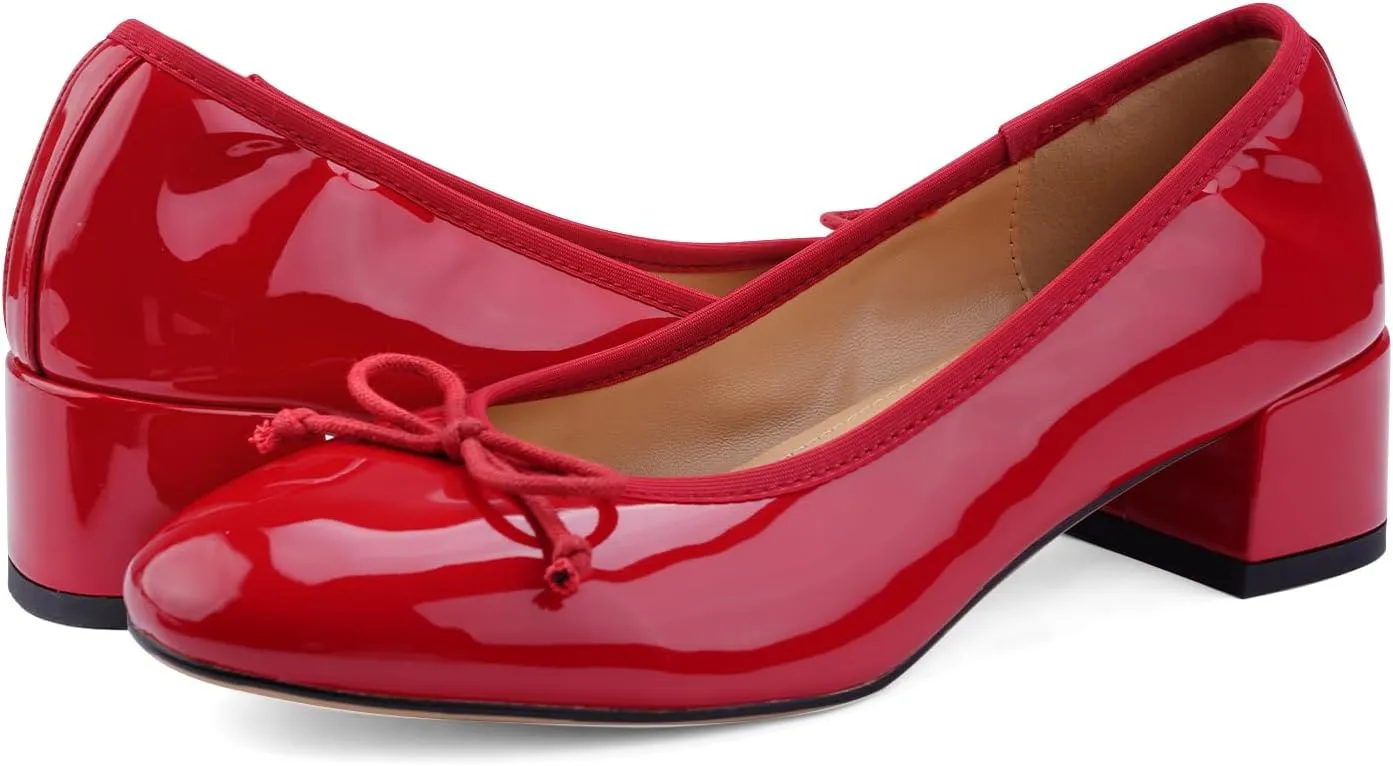 Mary Jane Shoes Women Leather Round Toe Chunky Mid Heel Pumps Ballet Shoes with Bow Tie Closed Toe Comfort Work Casual Ballerina Shoes
