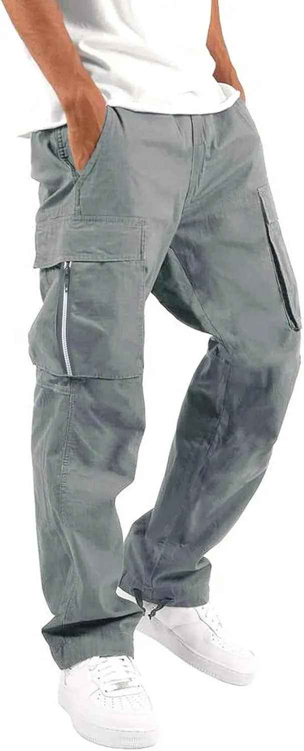 Mens Cargo Pants Classic Fit Pants, Cotton Work Pants, Casual Elastic Waist Solid Color Sports Sweatpants Multi Pcckets