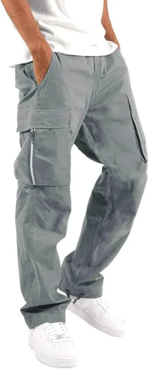 Mens Cargo Pants Classic Fit Pants, Cotton Work Pants, Casual Elastic Waist Solid Color Sports Sweatpants Multi Pcckets