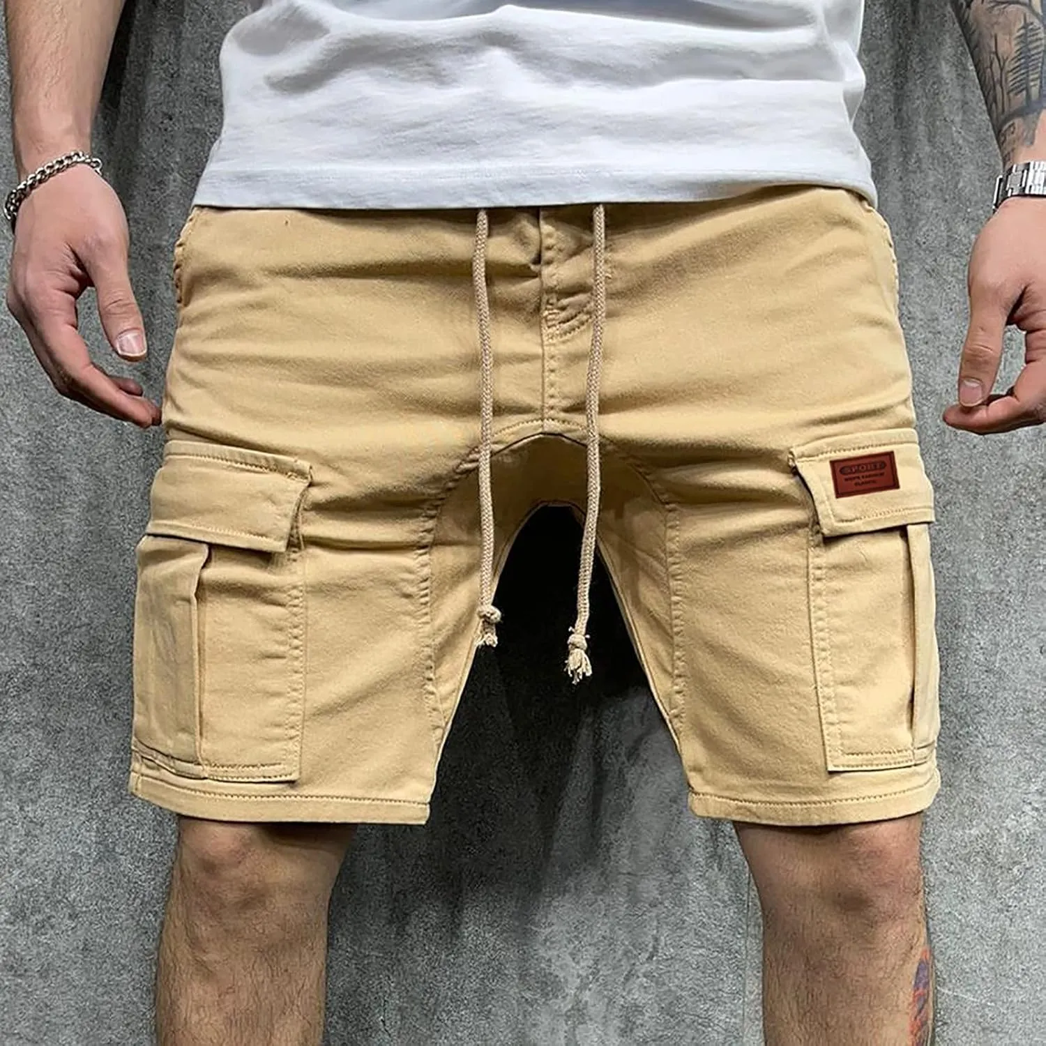 Mens Cargo Shorts Casual Fashion Elastic Waist Drawstring Work Shorts Classic Fit Summer Beach Short Pant with Pocket