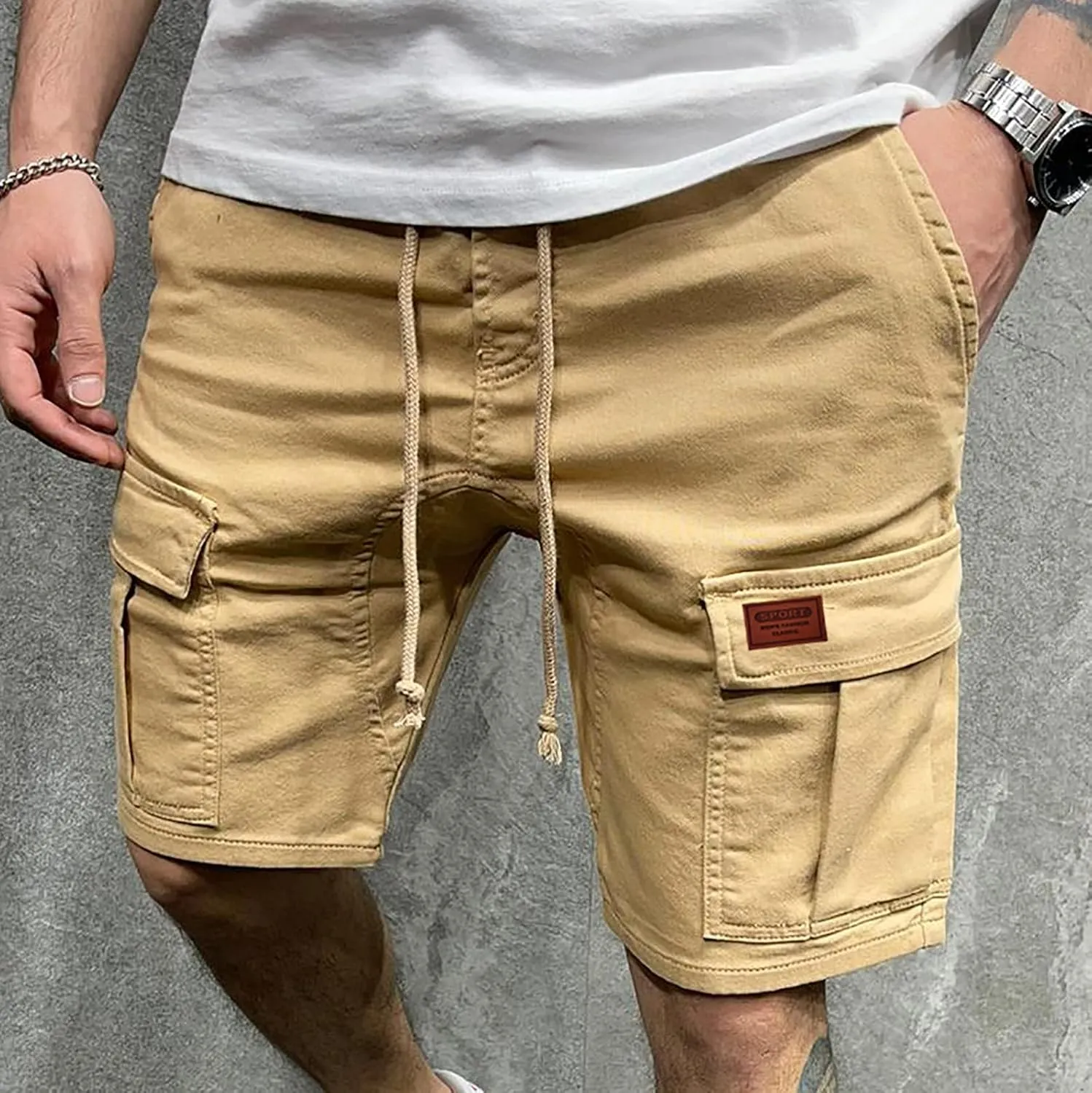 Mens Cargo Shorts Casual Fashion Elastic Waist Drawstring Work Shorts Classic Fit Summer Beach Short Pant with Pocket