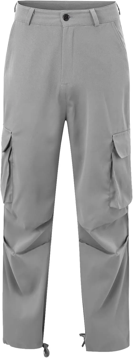 Mens Casual Cargo Pants Pleated Elastic Waist Drawstring Stretch Relaxed Fit Work Pants with Multi-Pocket