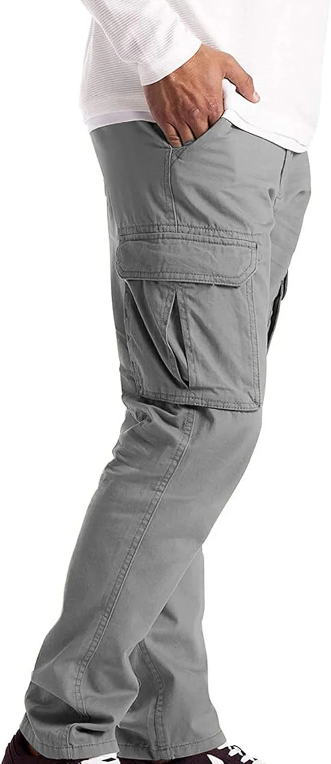 Mens Casual Cargo Pants Pleated Elastic Waist Drawstring Stretch Relaxed Fit Work Pants with Multi-Pocket