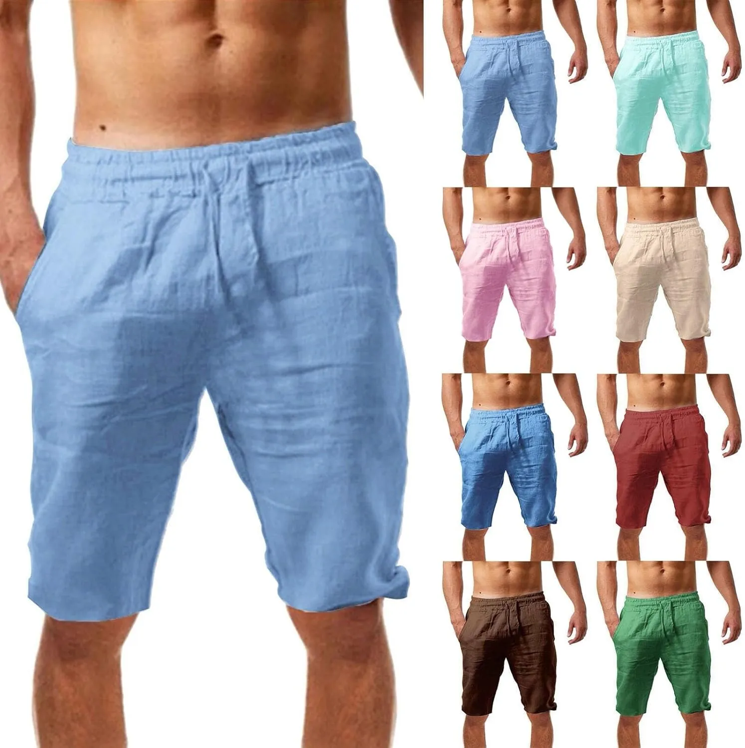 Men's Casual Linen Shorts Elastic Waist Drawstring Summer Beach Shorts with Pockets Classic Fit Vacation Short Pants