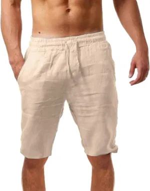 Men's Casual Linen Shorts Elastic Waist Drawstring Summer Beach Shorts with Pockets Classic Fit Vacation Short Pants