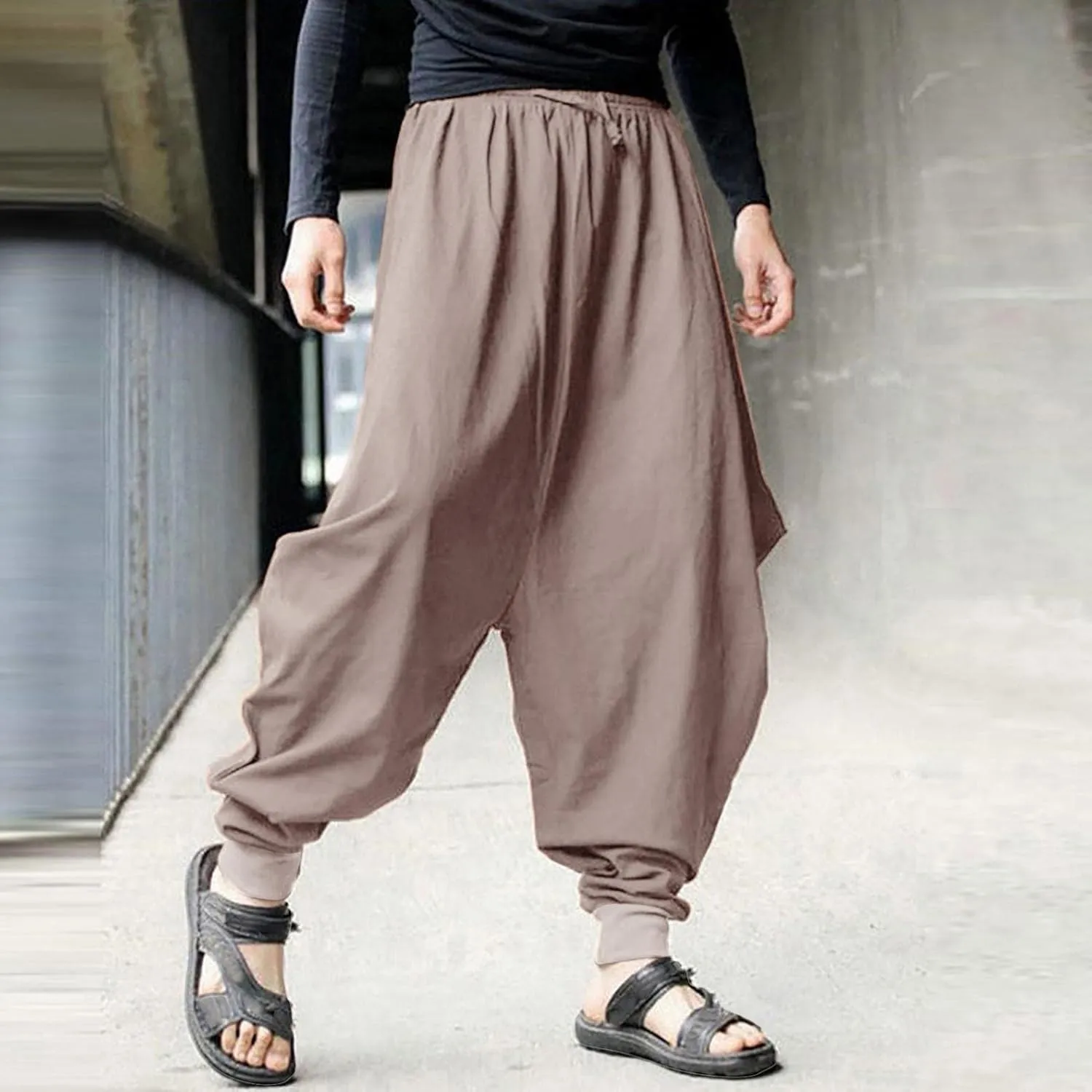 Men's Cotton Linen Pants Baggy Harem Pants Vintage Drop Crotch Pants Plus Size Hippie Boho Yoga Pants Aladdin Pants