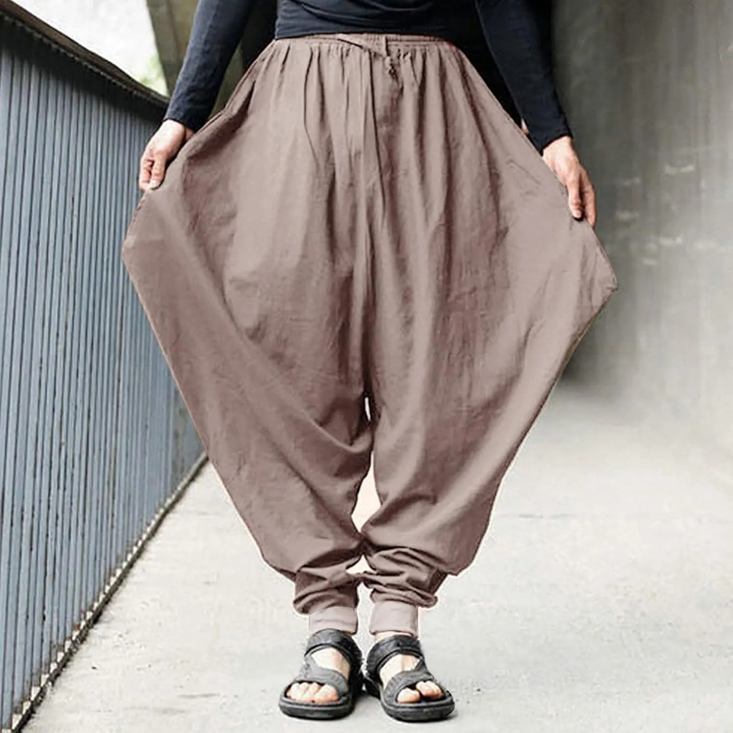 Men's Cotton Linen Pants Baggy Harem Pants Vintage Drop Crotch Pants Plus Size Hippie Boho Yoga Pants Aladdin Pants