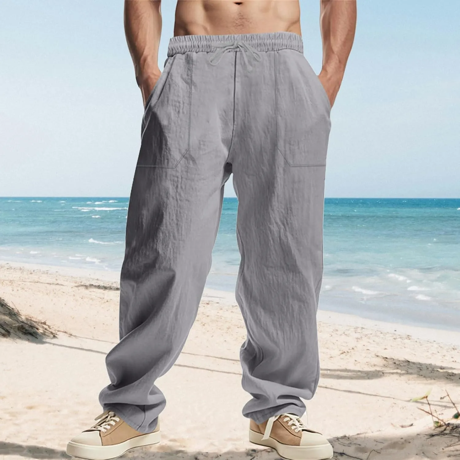 Men's Cotton Linen Pants Drawstring Wide Leg Trousers Moisture Wicking Baggy Trousers Breathable Comfy Basic Pants