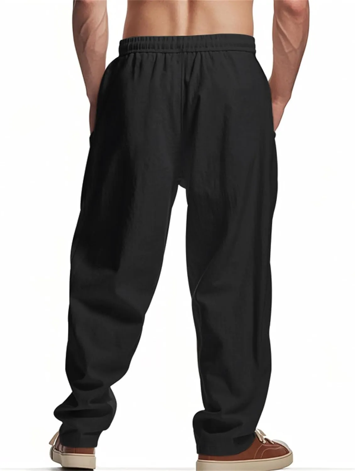 Men's Cotton Linen Pants Drawstring Wide Leg Trousers Moisture Wicking Baggy Trousers Breathable Comfy Basic Pants