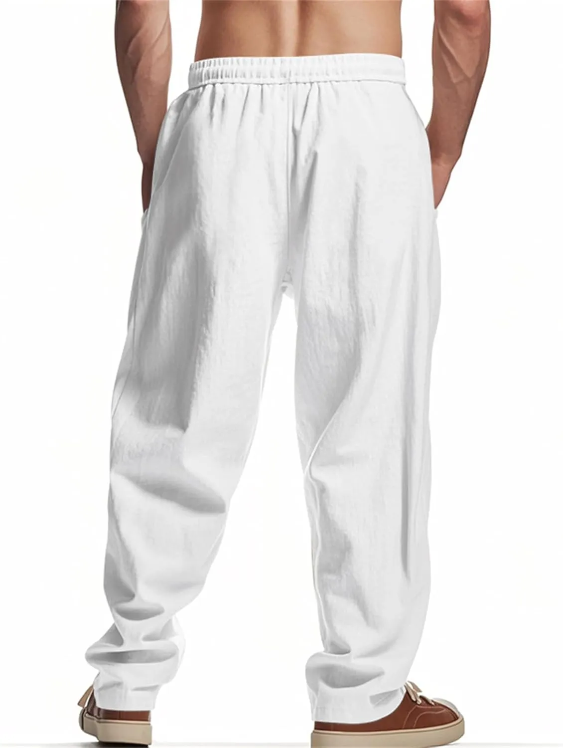 Men's Cotton Linen Pants Drawstring Wide Leg Trousers Moisture Wicking Baggy Trousers Breathable Comfy Basic Pants