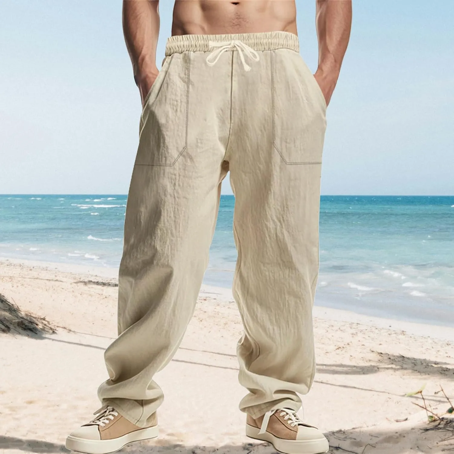 Men's Cotton Linen Pants Drawstring Wide Leg Trousers Moisture Wicking Baggy Trousers Breathable Comfy Basic Pants