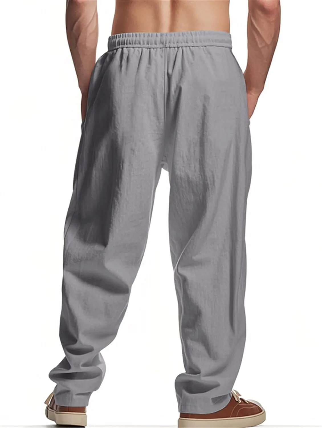 Men's Cotton Linen Pants Drawstring Wide Leg Trousers Moisture Wicking Baggy Trousers Breathable Comfy Basic Pants