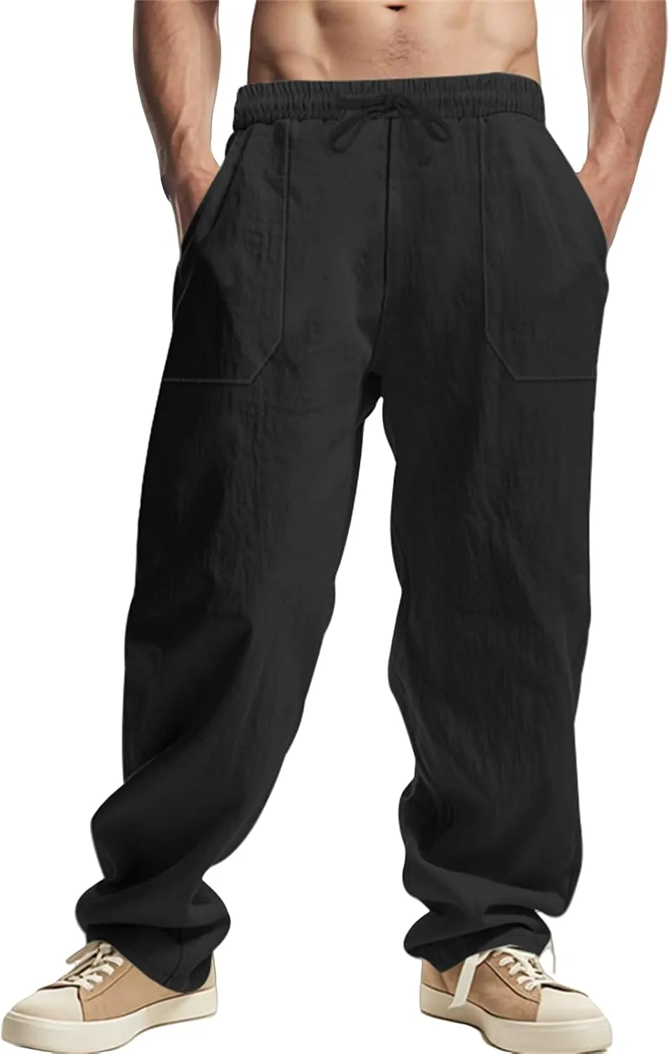 Men's Cotton Linen Pants Drawstring Wide Leg Trousers Moisture Wicking Baggy Trousers Breathable Comfy Basic Pants