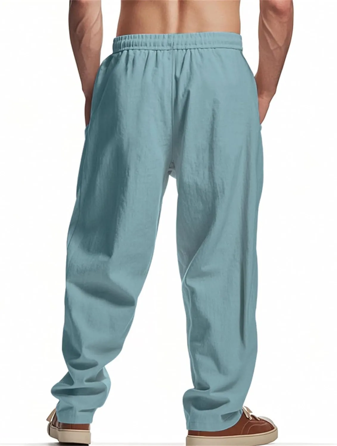 Men's Cotton Linen Pants Drawstring Wide Leg Trousers Moisture Wicking Baggy Trousers Breathable Comfy Basic Pants
