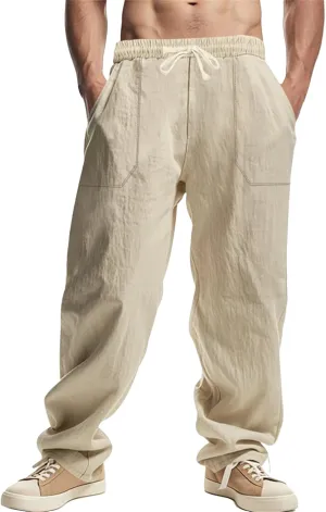 Men's Cotton Linen Pants Drawstring Wide Leg Trousers Moisture Wicking Baggy Trousers Breathable Comfy Basic Pants