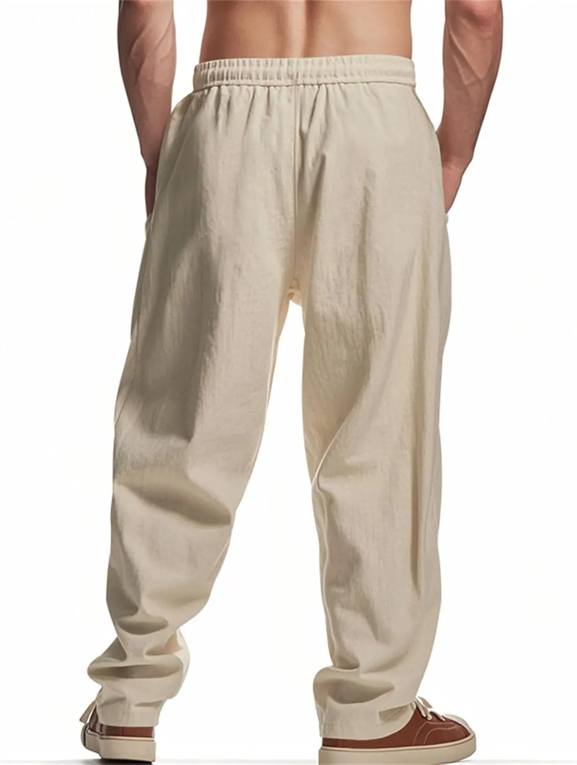 Men's Cotton Linen Pants Drawstring Wide Leg Trousers Moisture Wicking Baggy Trousers Breathable Comfy Basic Pants