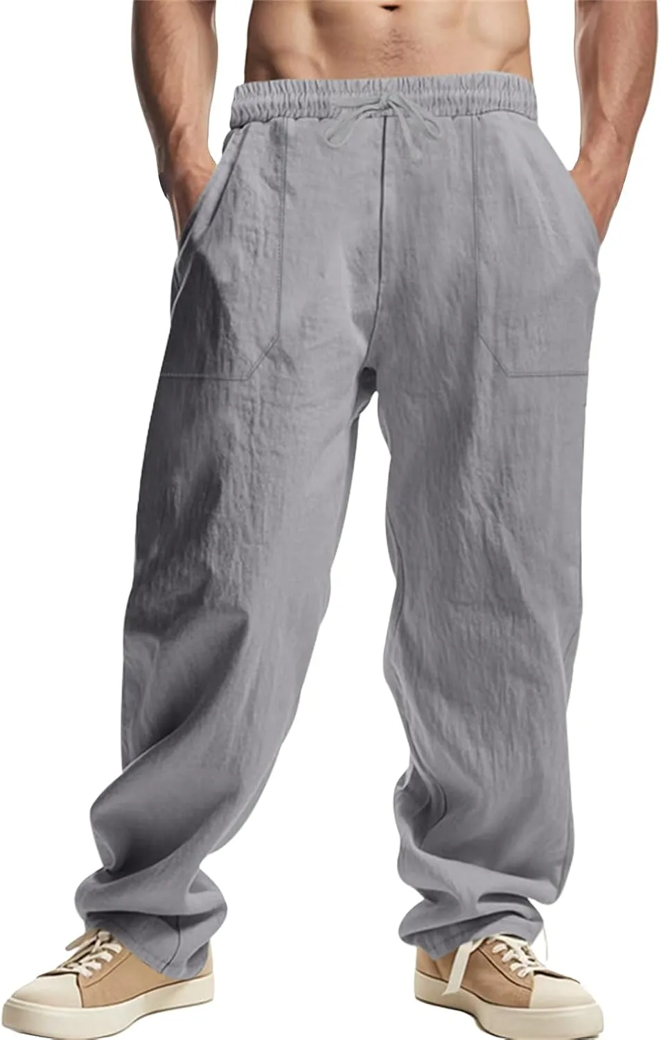 Men's Cotton Linen Pants Drawstring Wide Leg Trousers Moisture Wicking Baggy Trousers Breathable Comfy Basic Pants