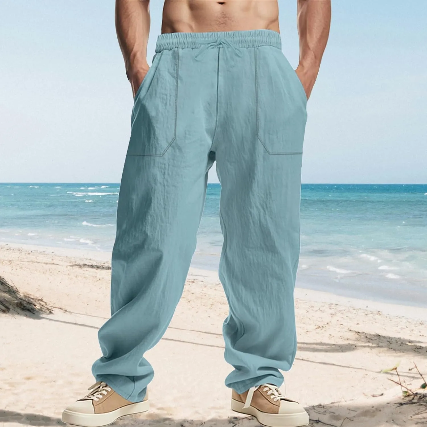 Men's Cotton Linen Pants Drawstring Wide Leg Trousers Moisture Wicking Baggy Trousers Breathable Comfy Basic Pants