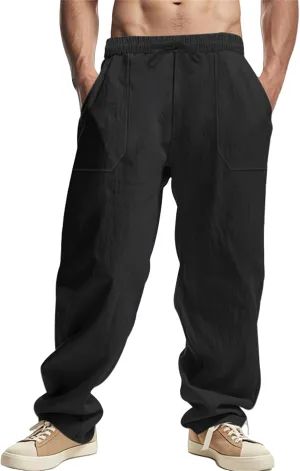 Men's Cotton Linen Pants Drawstring Wide Leg Trousers Moisture Wicking Baggy Trousers Breathable Comfy Basic Pants