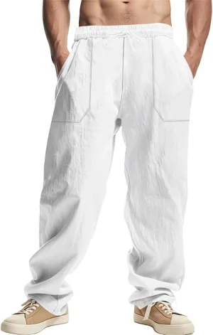 Men's Cotton Linen Pants Drawstring Wide Leg Trousers Moisture Wicking Baggy Trousers Breathable Comfy Basic Pants