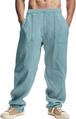 Men's Cotton Linen Pants Drawstring Wide Leg Trousers Moisture Wicking Baggy Trousers Breathable Comfy Basic Pants