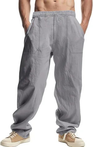 Men's Cotton Linen Pants Drawstring Wide Leg Trousers Moisture Wicking Baggy Trousers Breathable Comfy Basic Pants