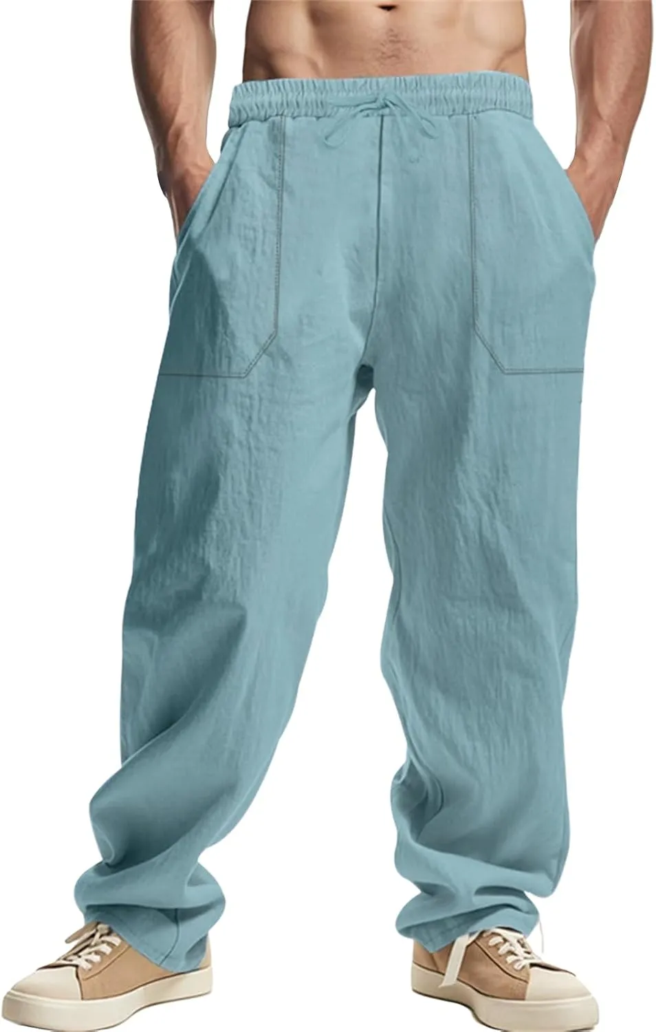 Men's Cotton Linen Pants Drawstring Wide Leg Trousers Moisture Wicking Baggy Trousers Breathable Comfy Basic Pants