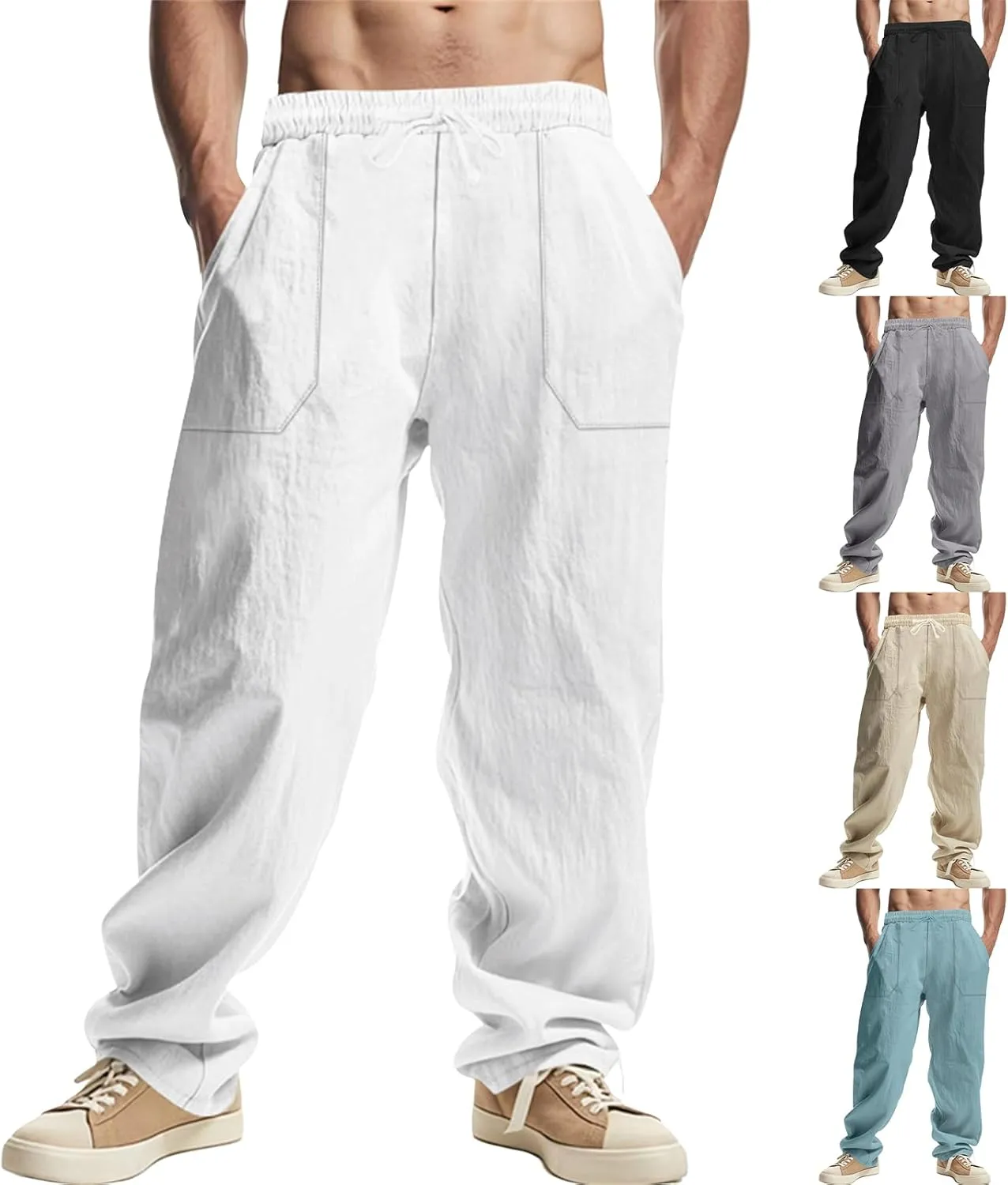 Men's Cotton Linen Pants Drawstring Wide Leg Trousers Moisture Wicking Baggy Trousers Breathable Comfy Basic Pants