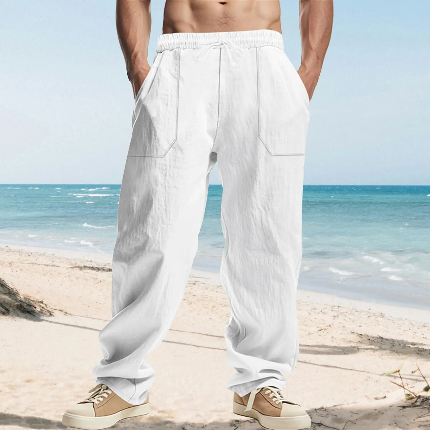 Men's Cotton Linen Pants Drawstring Wide Leg Trousers Moisture Wicking Baggy Trousers Breathable Comfy Basic Pants