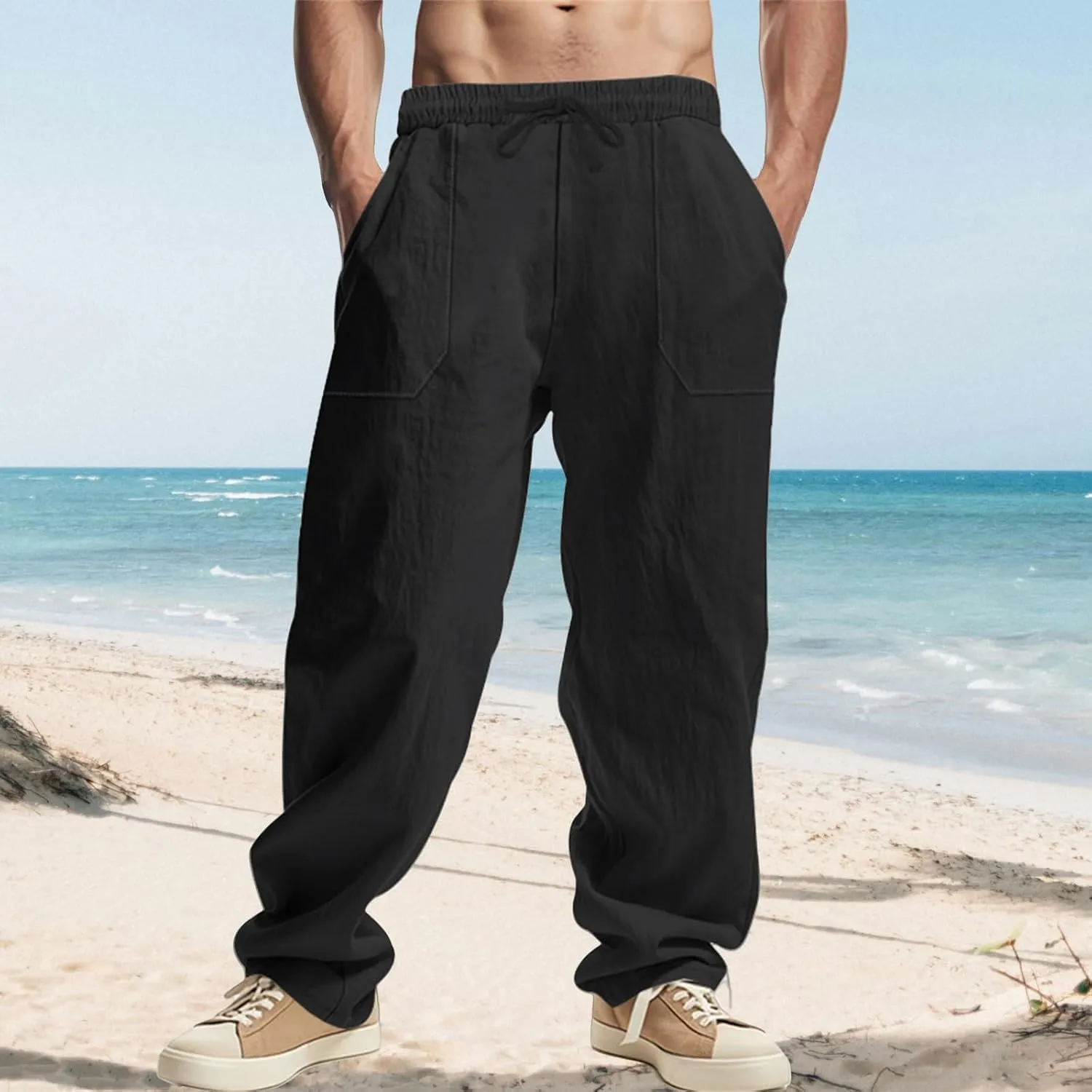 Men's Cotton Linen Pants Drawstring Wide Leg Trousers Moisture Wicking Baggy Trousers Breathable Comfy Basic Pants