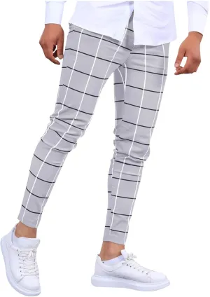 Men's Fashion Stretch Dress Pants Slim Fit Lightweight Plaid Skinny Long Pants Casual Business Work Golf Trousers
