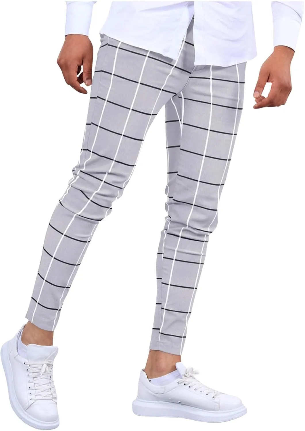 Men's Fashion Stretch Dress Pants Slim Fit Lightweight Plaid Skinny Long Pants Casual Business Work Golf Trousers