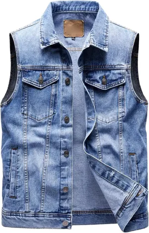 Men's Multi Pocket Denim Vest Trucker Sleeveless Jean Outerwear Casual Vintage Button Cowboy Vests