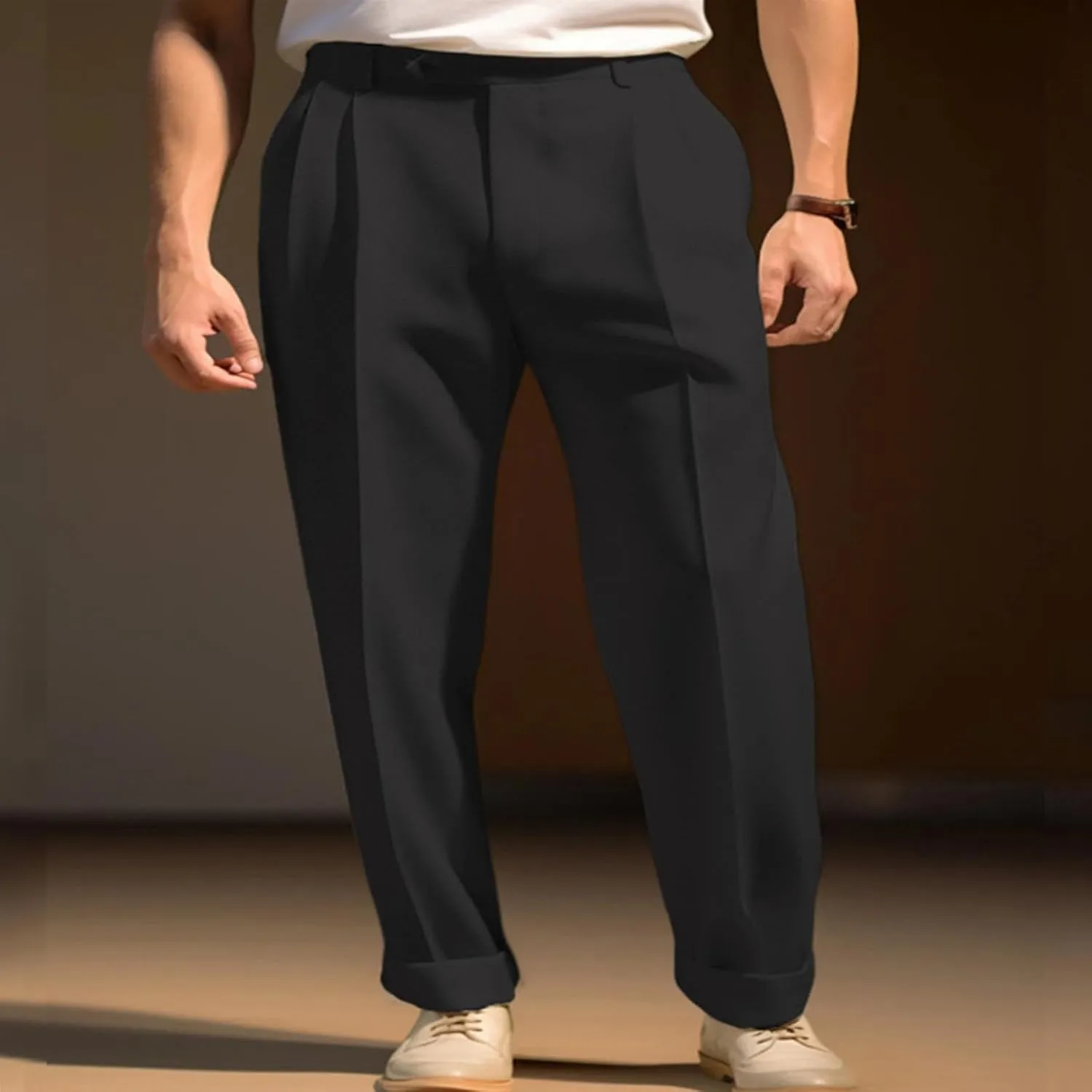 Mens Pleated Casual Dress Pants Straight Leg Regular Work Suit Trouser Lightweight Stretch Business Suit Long Pants