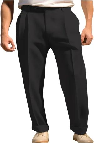 Mens Pleated Casual Dress Pants Straight Leg Regular Work Suit Trouser Lightweight Stretch Business Suit Long Pants