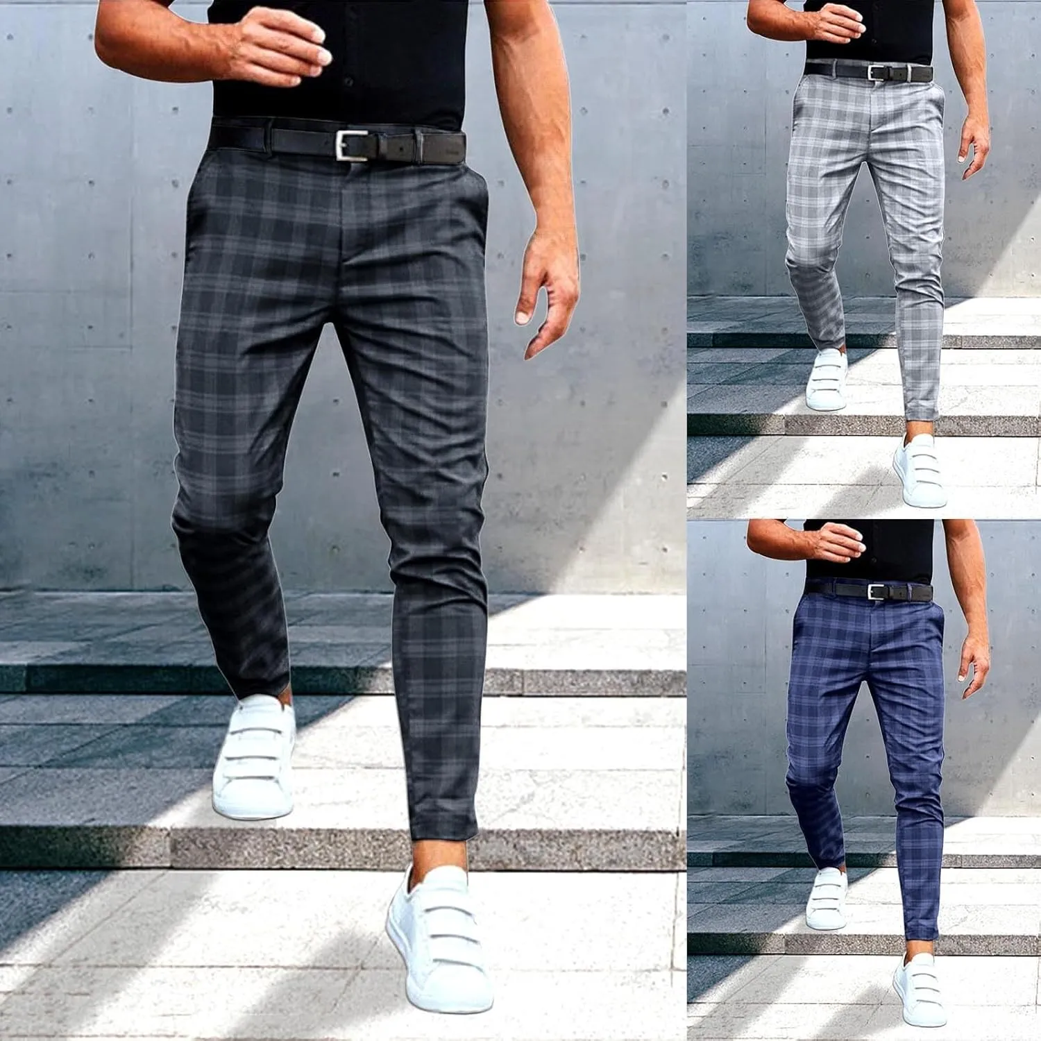 Mens Slim-Fit Pants Classic Fit Pants Casual Fashion Loose Plaid Zipper Trousers Travel Golf Chino Pant