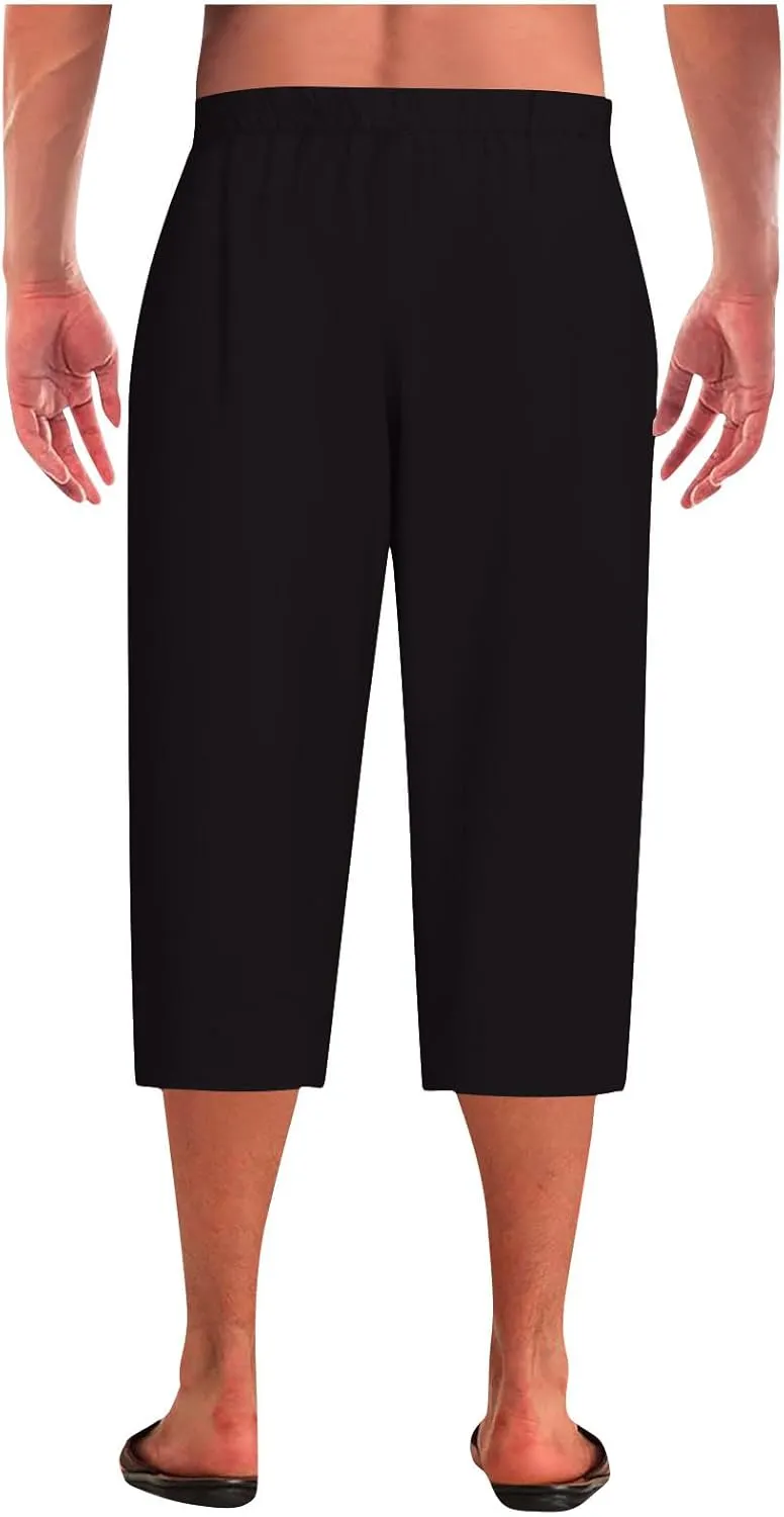 Men's Solid Color Capri Pants Baggy Harem Drawstring Yoga Beach Pants Capris Casual Workout Joggers Stretch Trousers