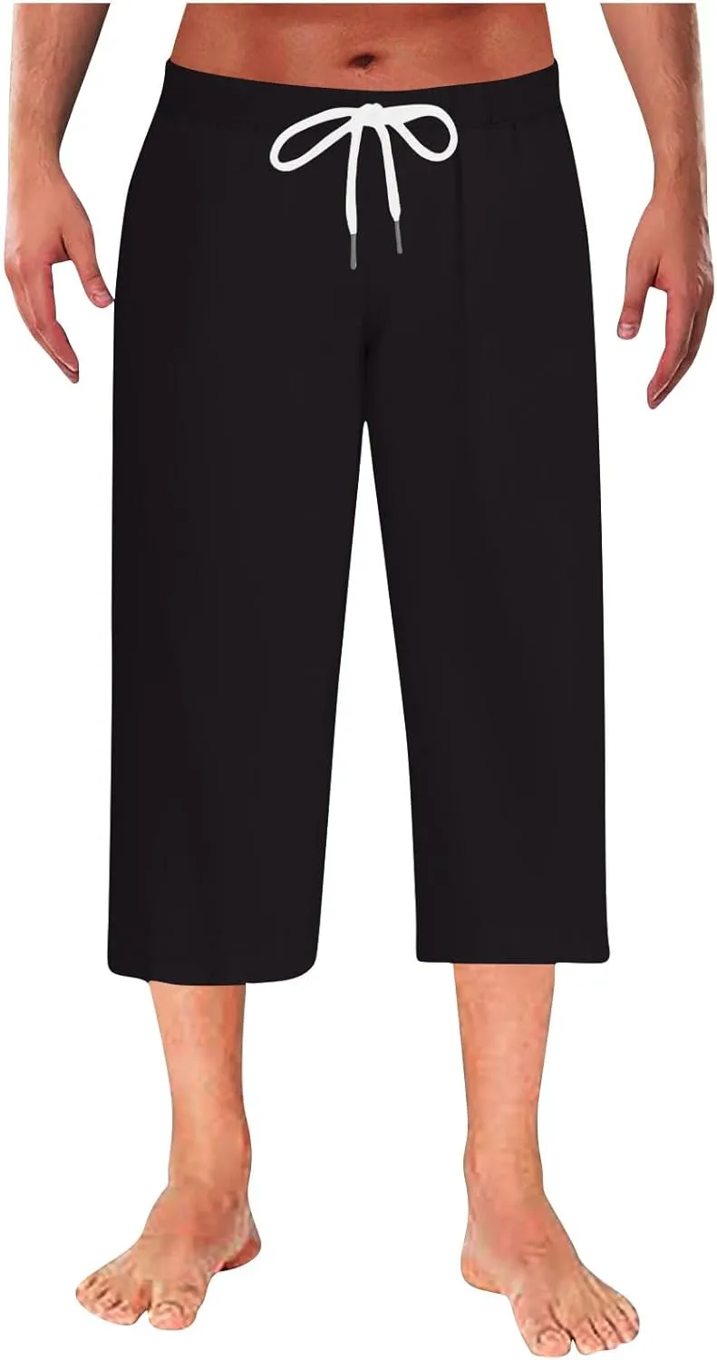 Men's Solid Color Capri Pants Baggy Harem Drawstring Yoga Beach Pants Capris Casual Workout Joggers Stretch Trousers