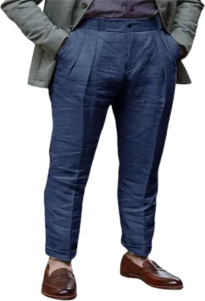 Men's Vintage Linen Pants Lightweight Buckle Back Straight Flat Front Chino Pleated Front Suit Trousers Office Dress Pants