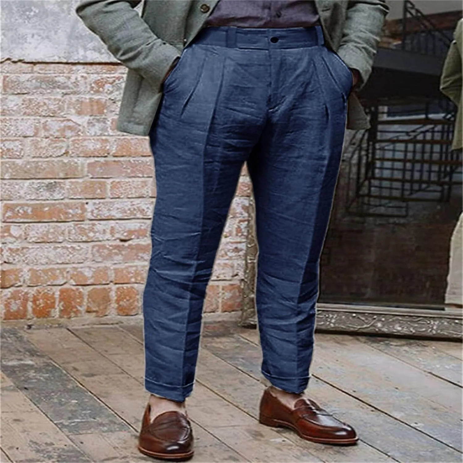 Men's Vintage Linen Pants Lightweight Buckle Back Straight Flat Front Chino Pleated Front Suit Trousers Office Dress Pants