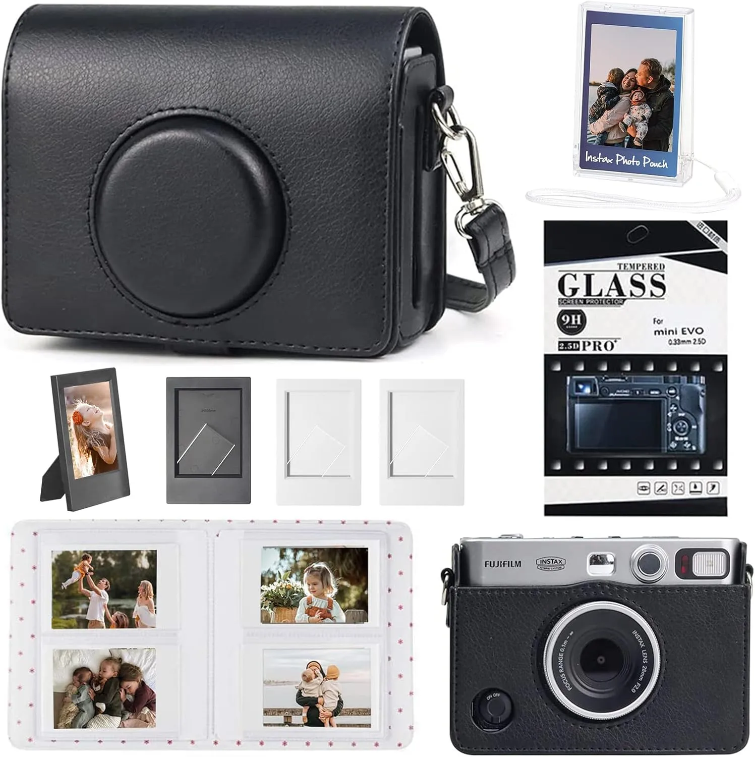 Mini EVO Accessories for Fujifilm Instax Mini EVO Instant Film Camera with EVO Leather Camera Case, Film Holder, Photo Album, 2x3 Frames and Screen Protector - Black (No Camera)