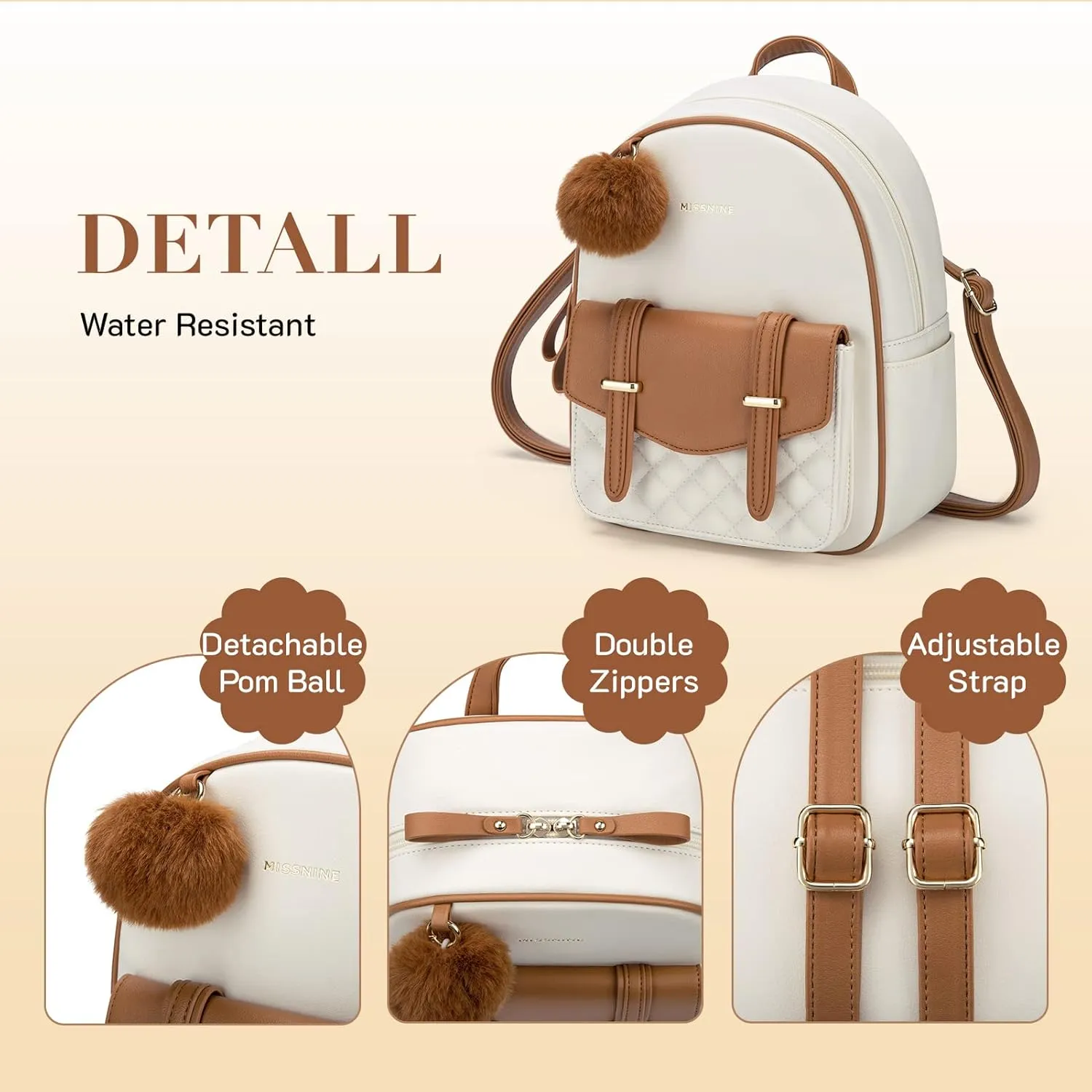 Missnine Mini Backpack for Women Cute Small Backpack Purse With Pompom PU Leather Bookbag Small Casual Daypacks For Ladies