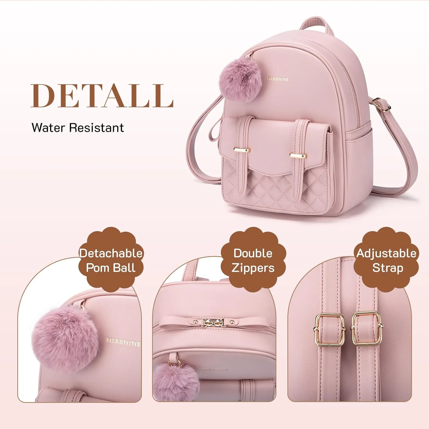Missnine Mini Backpack for Women Cute Small Backpack Purse With Pompom PU Leather Bookbag Small Casual Daypacks For Ladies