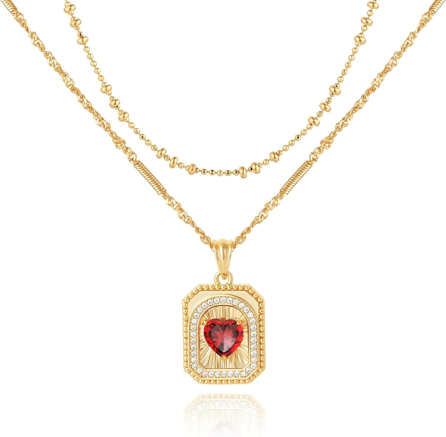 MTMY Layered Heart Necklaces for Women Stackable 14K Gold Plated Chain Necklace Layering CZ Heart Pendant Choker Necklaces Trendy Jewelry Set Gifts
