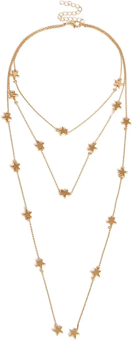 Multilayer Necklace Gold, Dainty Layered Necklaces for Women Long Star Pendant Pendant Chain Necklaces for Women Girls, 3 Layers, Gold
