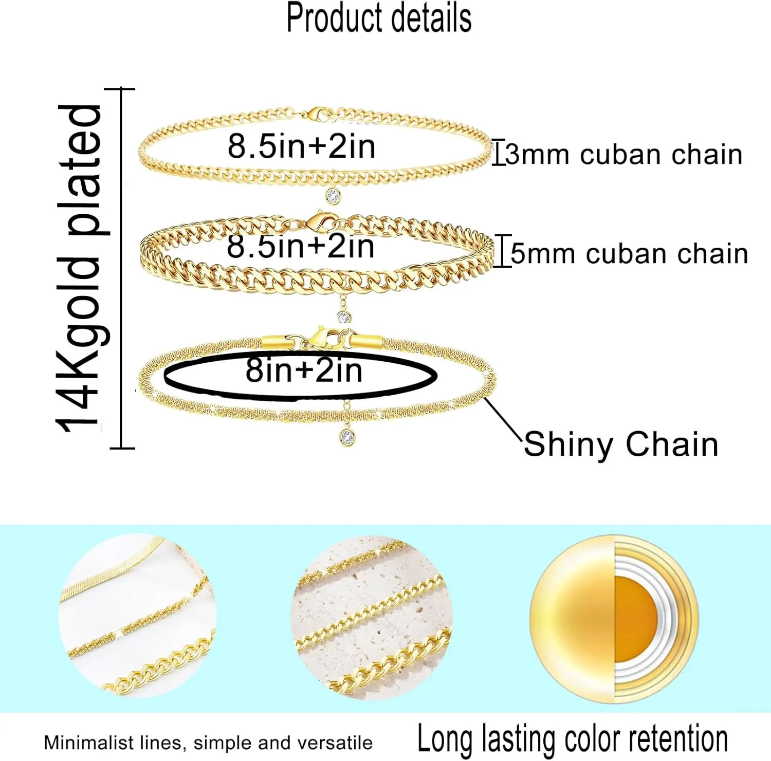Nanafast 2/4/6PCS Ankle Bracelets for Women, Cuban Link/Snake Chain Anklet Bracelets Set for Women, Adjustable Gold/Silver Anklets for Women, Summer Beach Womens Anklets