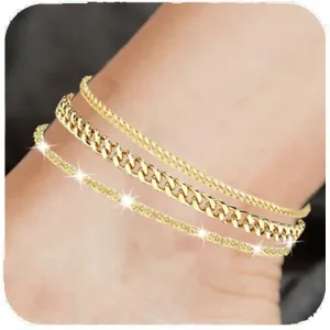 Nanafast 2/4/6PCS Ankle Bracelets for Women, Cuban Link/Snake Chain Anklet Bracelets Set for Women, Adjustable Gold/Silver Anklets for Women, Summer Beach Womens Anklets