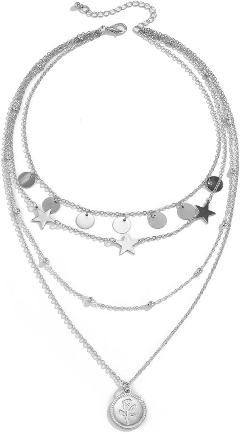 Necklet Layering Necklace, Womens Pendant Necklace Pendant Necklaces Lobster Claw Alloy Rose Star Medal Design Birthday Jewelry for Teen Girls