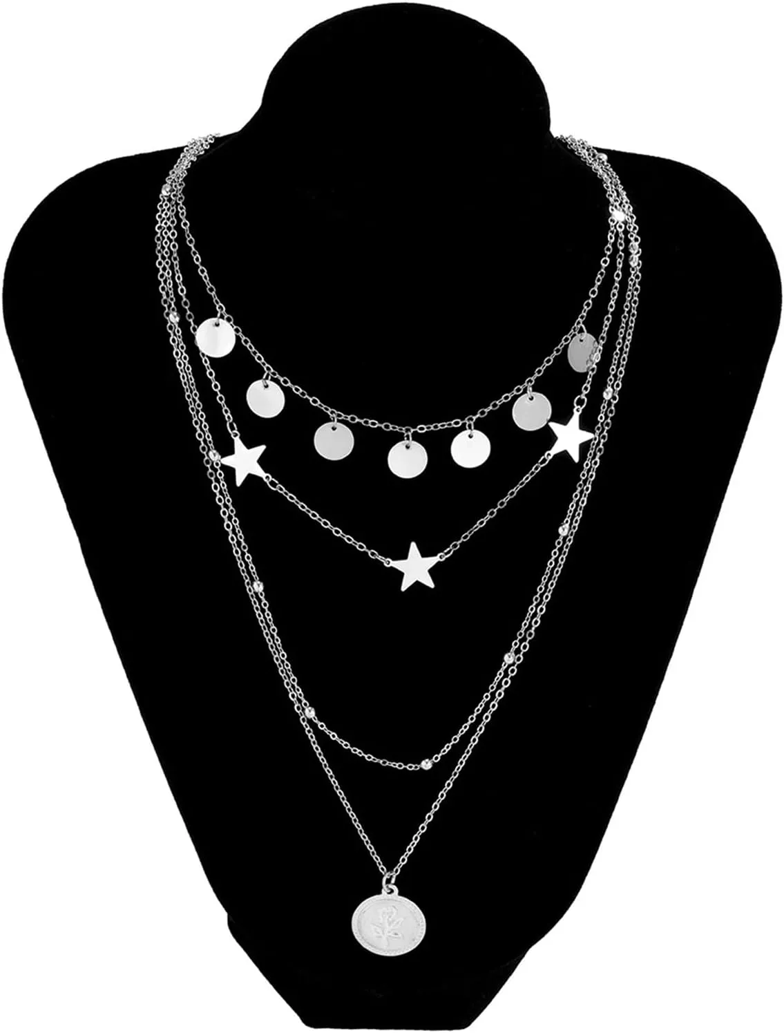 Necklet Layering Necklace, Womens Pendant Necklace Pendant Necklaces Lobster Claw Alloy Rose Star Medal Design Birthday Jewelry for Teen Girls