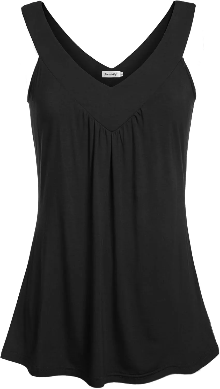 Ninedaily Women Comfy Sleeveless Tunic Top Pleated V Neck Tanks Vest Summer